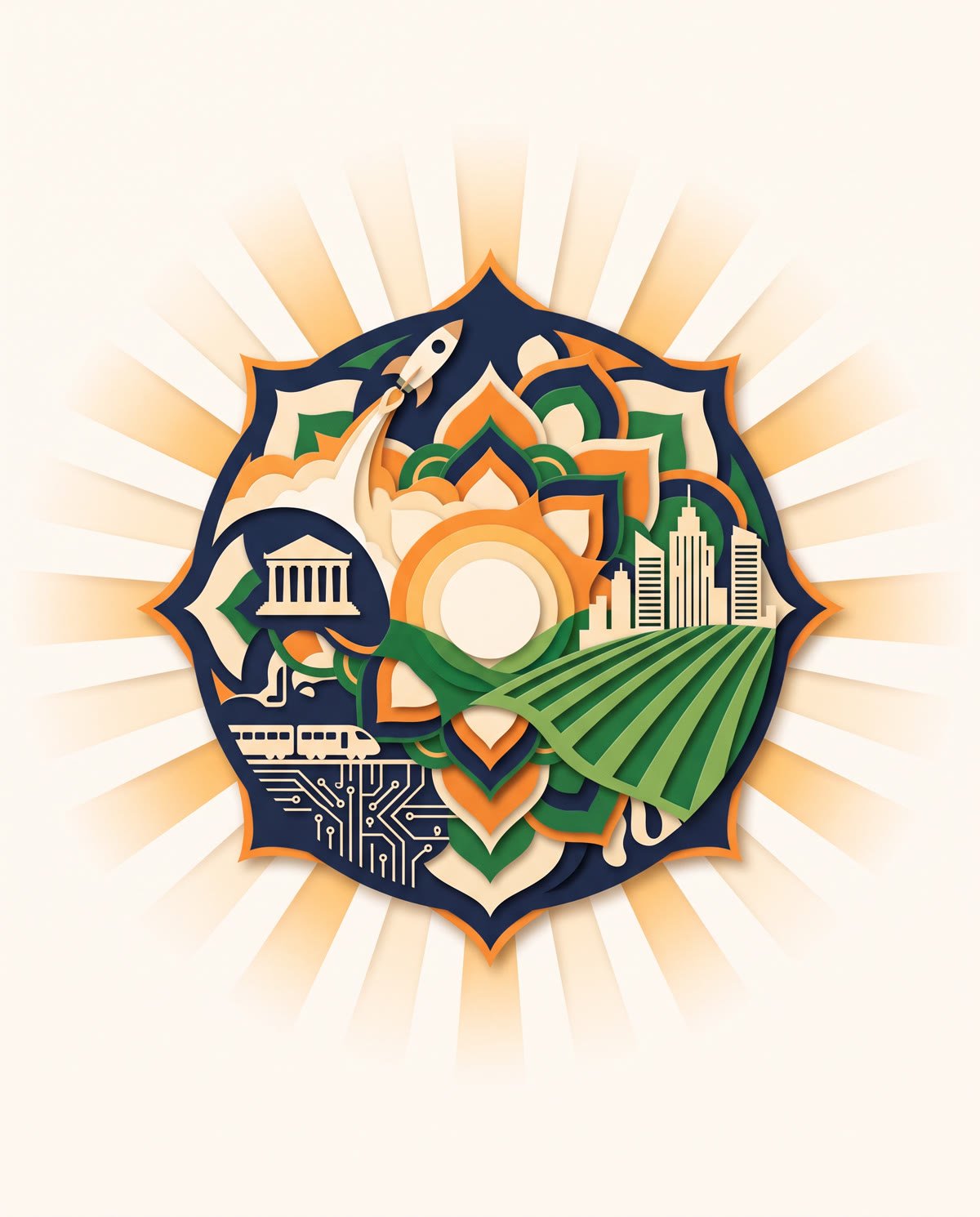 Paper-cut collage of a sun-mandala: a rocket lifting off, a classical building, a modern skyline, green farm fields, a train and circuit lines, framed by lotus petals and saffron rays.