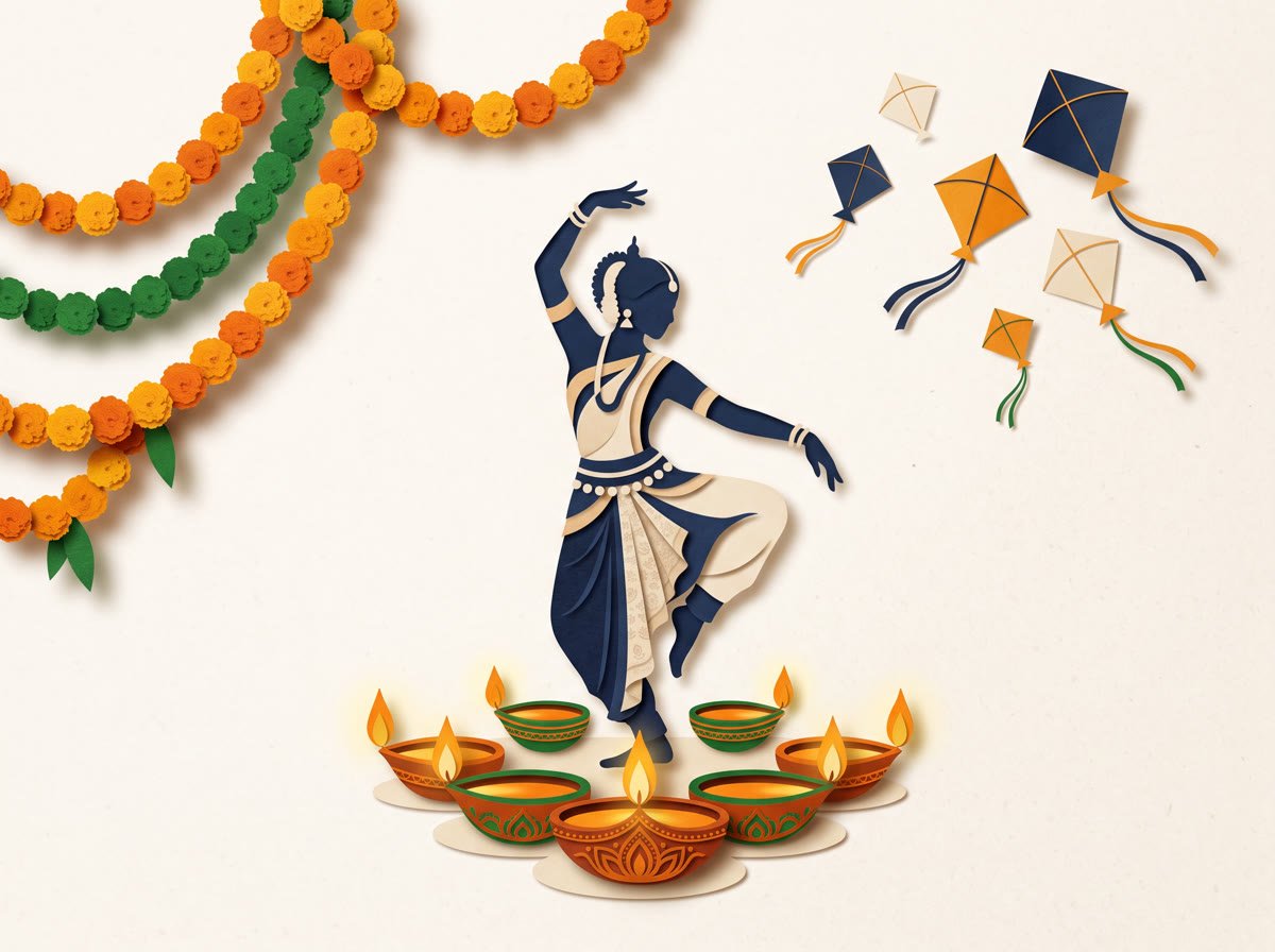 Paper-cut collage of a classical dancer surrounded by glowing diyas, marigold garlands and kites in the sky.