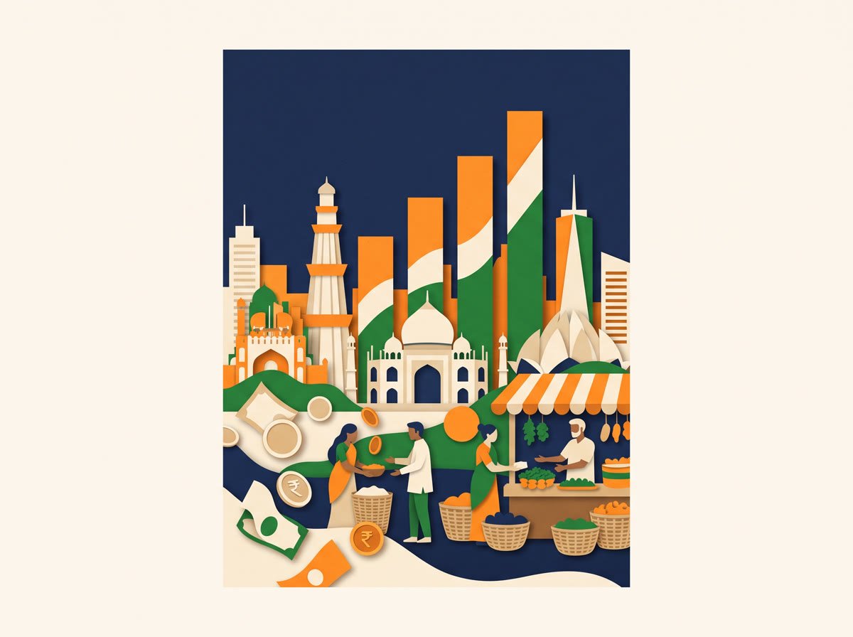 Paper-cut collage of a city skyline with rising bar shapes, monuments and a busy market stall with shoppers and coins.