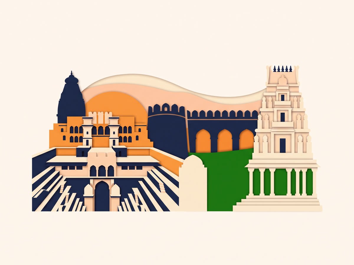 Paper-cut collage of a stepwell, a fort wall with arches and a temple tower against layered sunset hills.