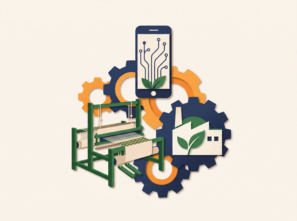Paper-cut collage of interlocking gears, a handloom, a smartphone with circuit lines and a small factory marked with a green leaf.