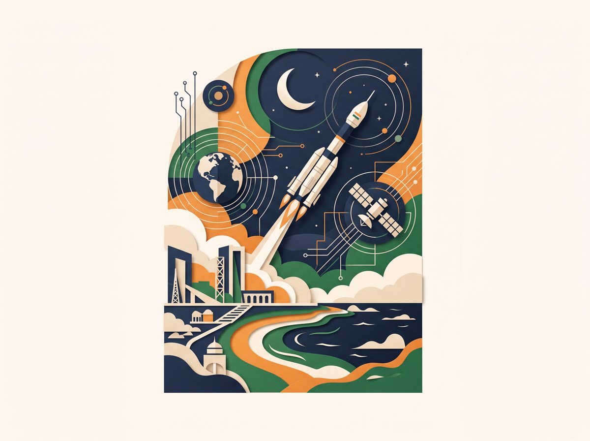 Paper-cut collage of a rocket launching from a coastal launch pad toward a crescent moon, with a satellite, a globe and orbit lines.